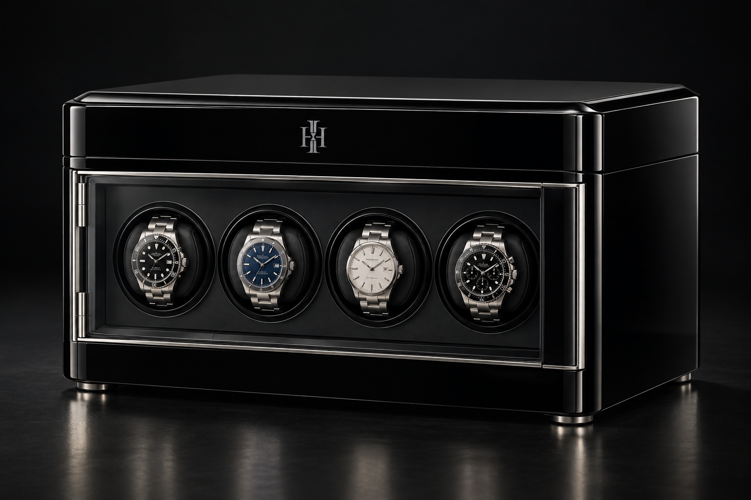 Noir Platinum cabinet with four-watch winder and mirror-black lacquer finish